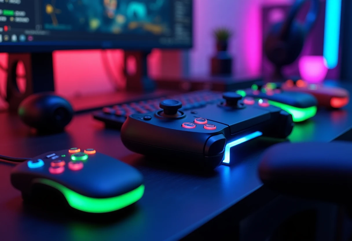 Gaming setup with controllers and headsets